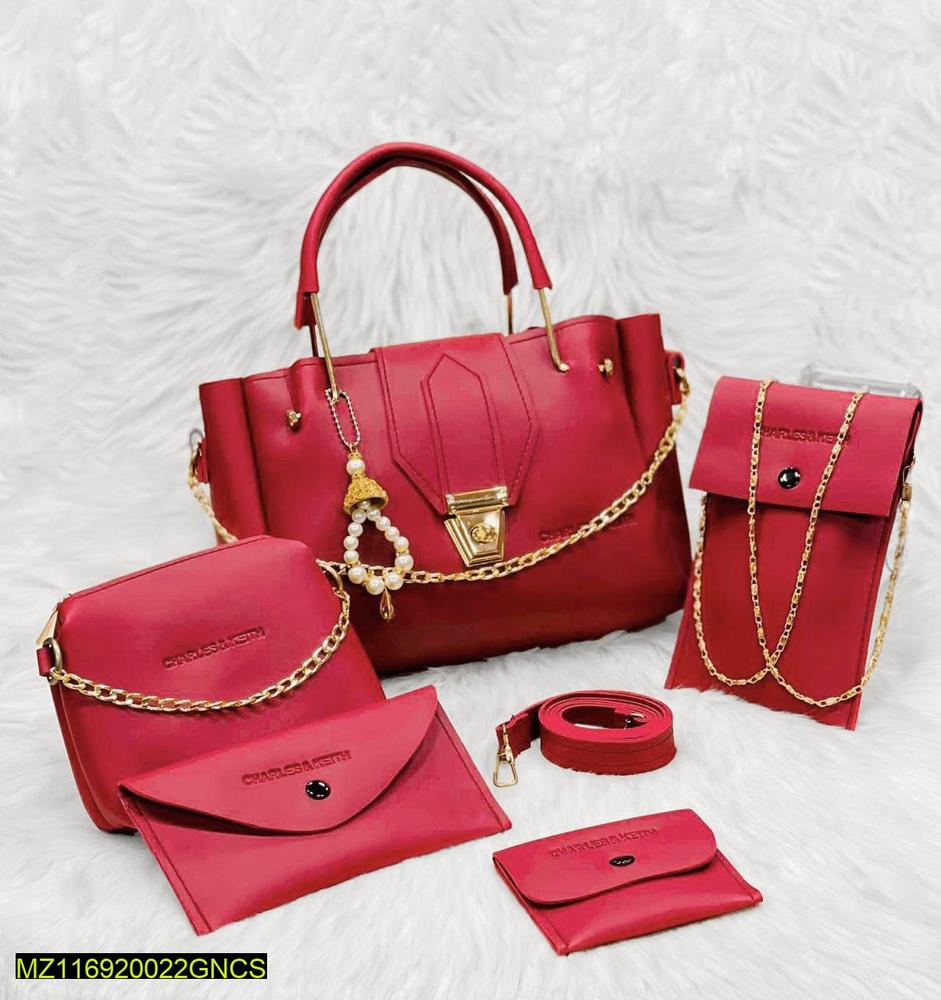 5 Pcs Women's PU Leather Plain Hand Bag Set